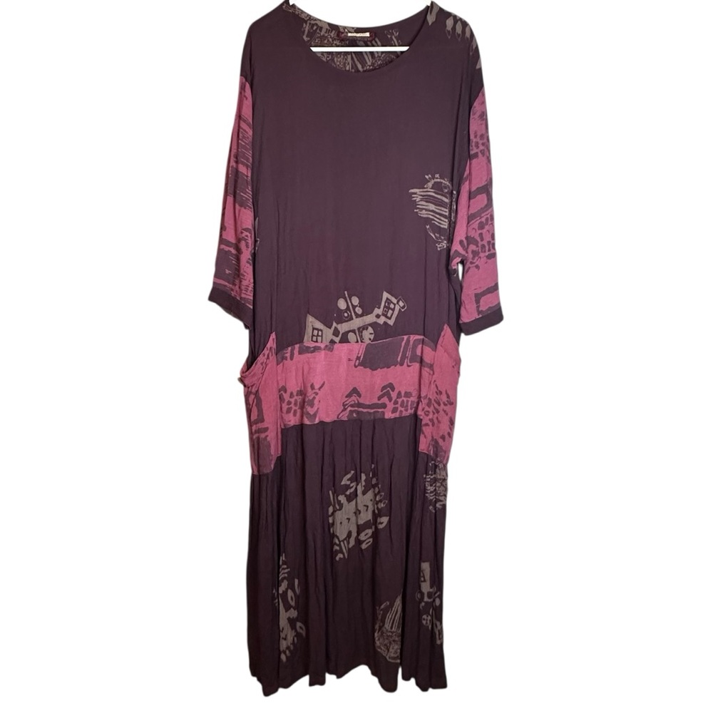 Vintage Laise Adzer Bohemian Plum Rose Print Maxi Dress Lagenlook Pockets OS